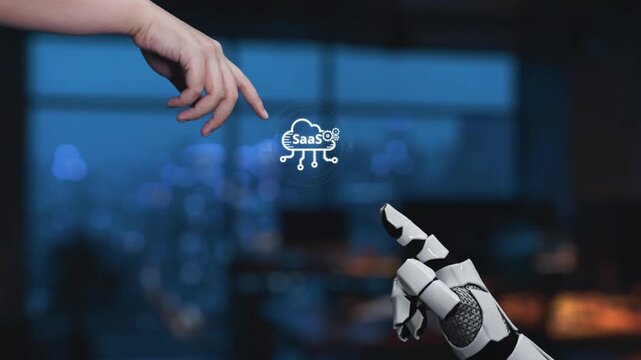 Hands interact with cloud technology illustrating the concept of Software as a Service, set in a futuristic office environment highlighting digital innovation. Synapse