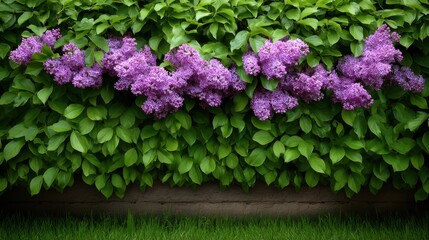 Obraz premium Vibrant Purple Lilac Flowers Against Lush Green Foliage in a Garden Setting with Fresh Leaves and Grass Background