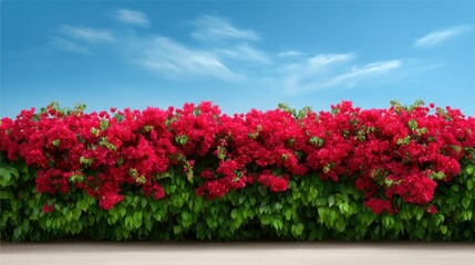 Fototapeta premium Vibrant Bougainvillea Flowers in Full Bloom Under a Clear Blue Sky with Light Clouds and Fresh Green Foliage on a Bright Day