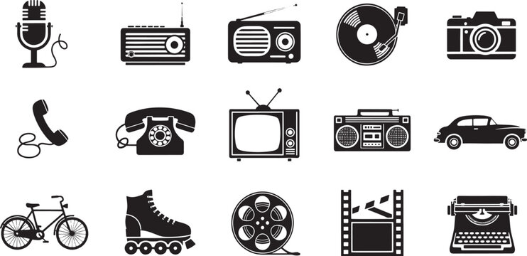 Collection of black vintage technology and transportation on white background microphone radio vintage radio