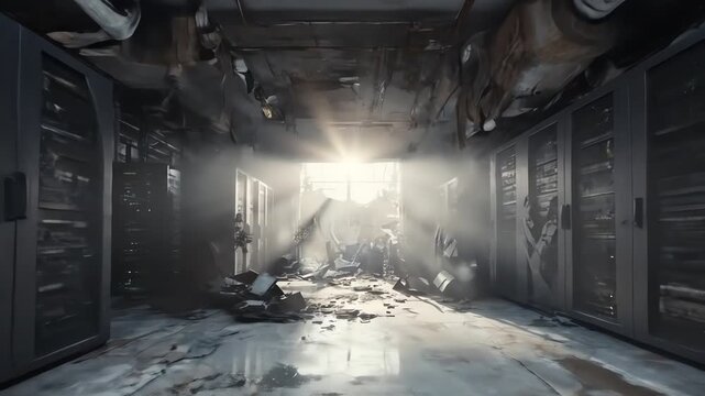 Cinematic View of Abandoned Server Racks in a Derelict Data Center