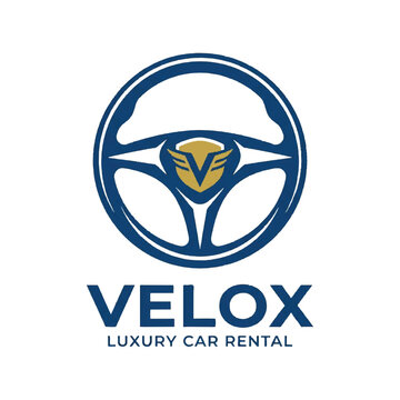 Luxury car rental, Velox logo, steering wheel icon, gold and blue