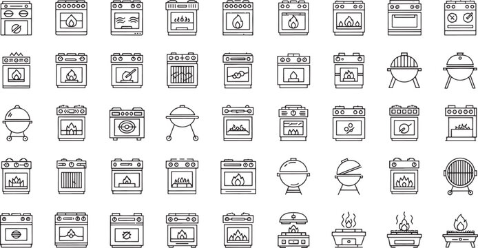 Collection of line depicting various stoves ovens and grills