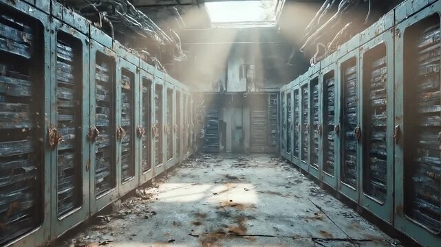 Cinematic view of abandoned server racks in a decaying data center