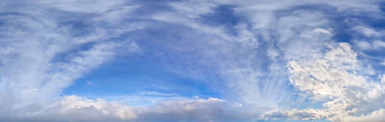 Obraz premium Panoramic Blue Sky With Dramatic White Clouds and Airy Cloudscape Over Horizon Background Soft Light