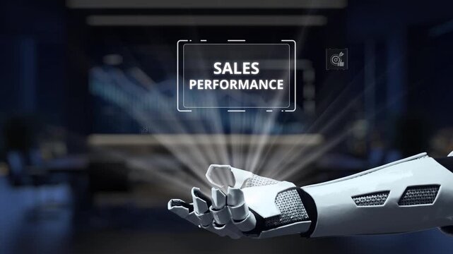 A futuristic robotic hand illustrates key sales performance icons, symbolizing advanced analytics, strategy, and growth in a high-tech business setting. Synapse