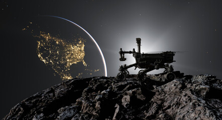 Robotic Space Rover On Rocky Lunar Surface With Earthrise Night Lights 3D Rendering © edb3_16