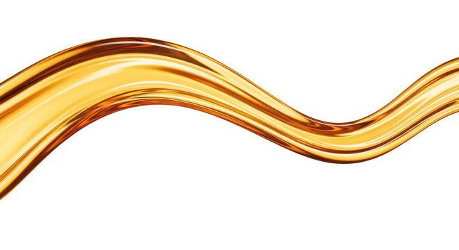 Golden liquid wave of organic oil, flowing amber honey splash, glossy viscous engine lubricant stream, smooth yellow cosmetic serum texture isolated PNG with Transparent Background