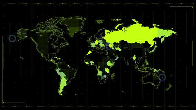 Global data visualization map animation showcasing changing world regions and country statistics over time video clip