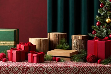 Fototapeta premium Holiday gift giving and festive cheer red wrapped Christmas presents with ribbon bows arranged on table with tree and wood accents for festive season celebrations. High quality photo