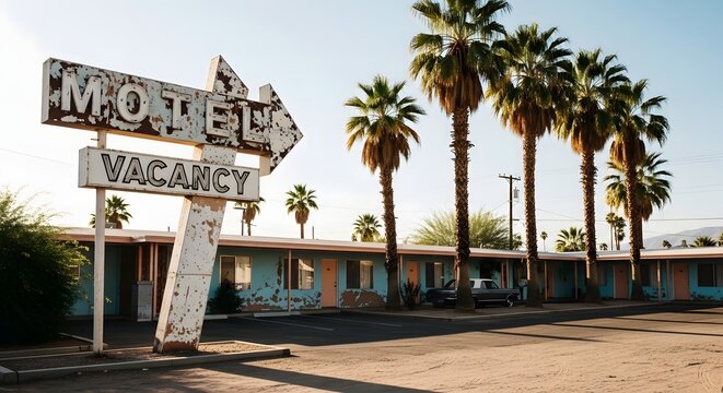 A rustic aesthetic captures the nostalgic charm of a vintage motel sign nestled among desert palm trees
