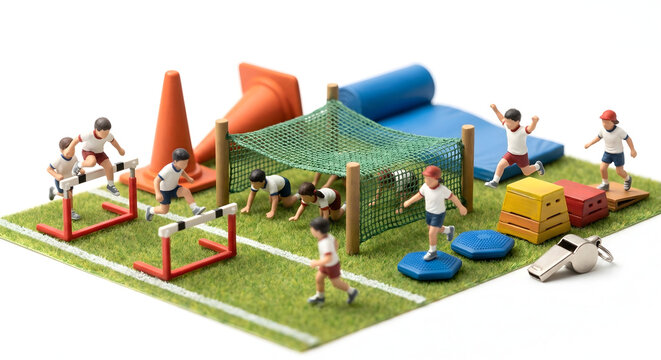 網くぐりやハードルなどの障害物競走に挑む子供たちの3Dミニチュアイラスト
