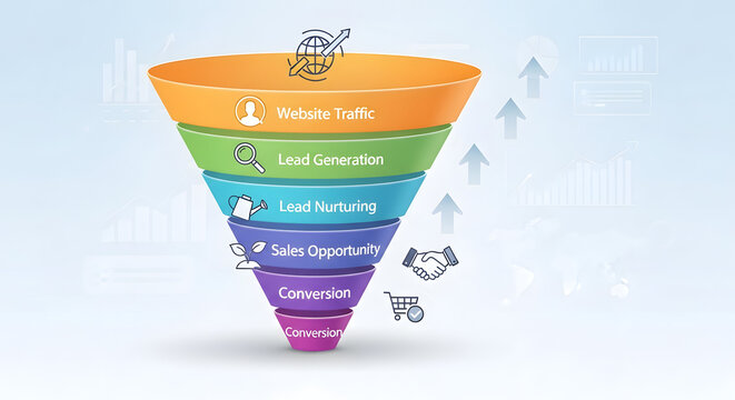Comprehensive digital marketing sales funnel diagram illustrating customer journey from initial website traffic and lead generation through various conversion stages and analytics optimization.