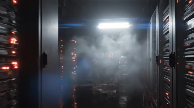 Tracking Shot Through Abandoned Server Racks with Rising Fog