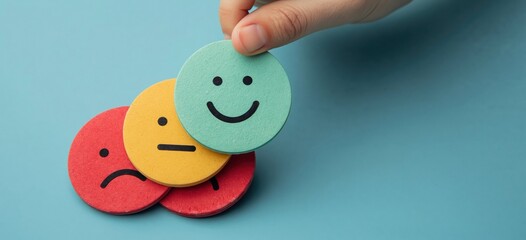 Customer satisfaction and feedback hand placing happy on stack of sad and neutral faces for survey or review client experience and sentiment analysis. High quality photo