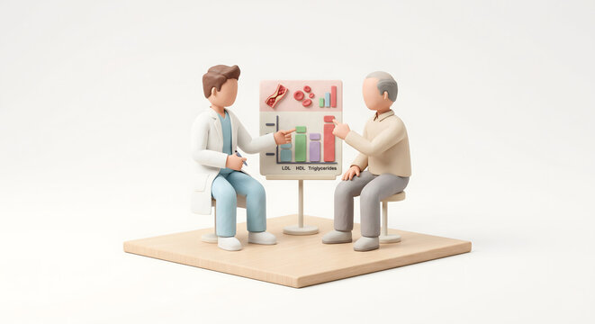 脂質異常症とコレステロールについて説明する医師の3Dミニチュアイラスト
