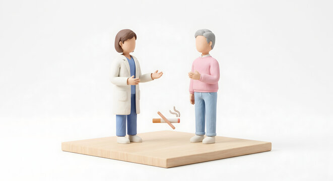 禁煙外来でタバコを辞めるアドバイスをする医師の3Dミニチュアイラスト
