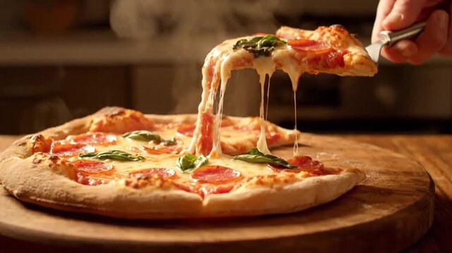 Deliciously cheesy pizza slice being lifted from a whole pizza, showcasing melted cheese and fresh toppings on a wooden board