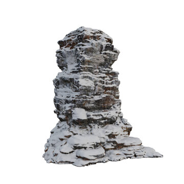 Snow-Covered Rock Formation on White Background &mdash; Winter Mountain Cliff 3D Rendering