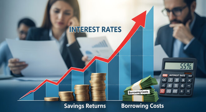 Interest rate increase concept for monetary policy impact on borrowing costs saving returns and management for global financial market growth with rising arrow and coin stacks.