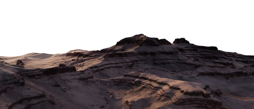 Sunlit Desert Rock Landscape With Layered Mesas and Rolling Sand Dunes - 3D Rendering