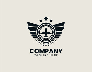 Obraz premium Black winged airplane badge vector logo on white background