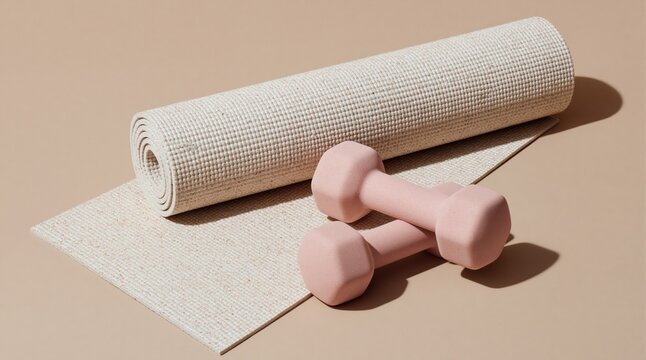 Wellness and fitness lifestyle yoga mat and dumbbells for exercise home workout routine healthy habits and self-care sport equipment on beige background. High quality photo