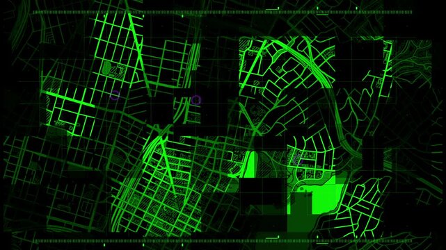 Glitching futuristic digital city map displaying glowing green street networks and purple tracking points for advanced surveillance system motion footage.