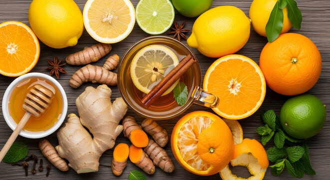 Nutritious immunity boosters concept featuring organic citrus fruits fresh ginger root golden turmeric honey lemon lime herbal tea infusion for natural wellness and health defense.