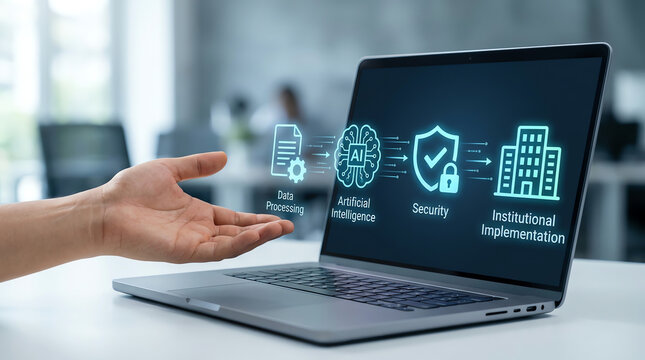 Hand points to laptop display of digital strategy data planning, AI, security, and institutional implementation for future business tech