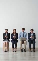 Obraz premium Five professionals sit in line each engrossed in laptops or