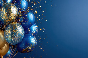 Fototapeta premium Celebration and festive mood blue and gold balloons with confetti for holiday event birthday party anniversary or corporate success against dark blue background. High quality photo