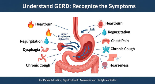 Comprehensive Medical Illustration Showing Gastroesophageal Reflux Disease Symptom Identification for GERD Patient Education and Digestive Health Anatomy Diagram with Stomach Acid Heartburn