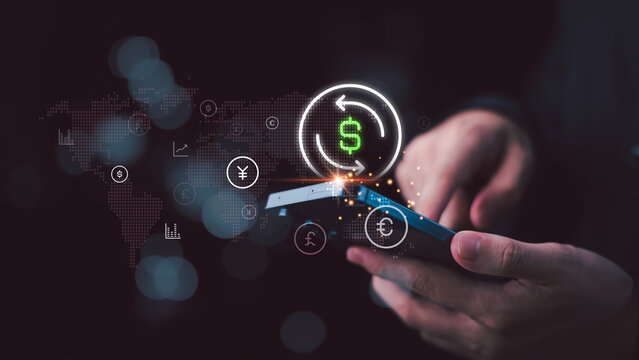 Financial trader executes global mobile currency exchange with digital transfer system, fintech transaction flow, international payment network, real time conversion, cross border money movement