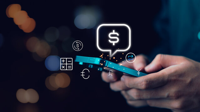 Fintech specialist manages mobile payment transactions with digital wallet interface, currency exchange icons, secure transfer system, financial technology innovation, online banking experience