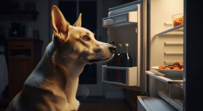 Intrigued Canine Gaze A Dog's Culinary Curiosity by the Fridge's Glow a Midnight Snack Adventure Domestic Pet at Home Funny Situation Bright Light Food Temptation Concept