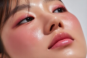 Fototapeta premium Macro beauty portrait of a Korean woman with radiant glass skin showing soft pink blush and eye makeup