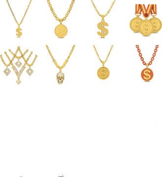 Cartoon Gold Necklace and Pendant Set Featuring Dollar Signs, Medals, Skull, and Chain Designs for Jewelry, Fashion, and Accessory Illustrations