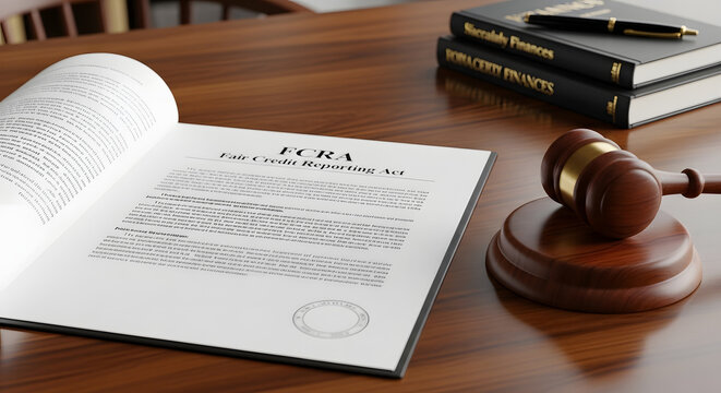FCRA Fair Credit Reporting Act legal paper document lying beside a wooden judicial gavel on a mahogany office desk, symbolizing consumer financial rights, federal law, and credit protection.