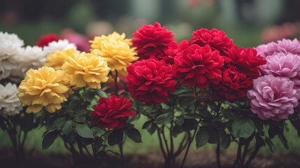 Fototapeta premium Vibrant Blooming Flowers Display in Vivid Colors of Red, Yellow, Pink, and White with Lush Green Foliage in a Garden Setting