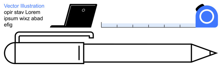 Office equipment, DIY tools, design templates, work environments, stationary elements, object icons. a pen, tape measure and laptop. Office equipment and DIY tools concept © robu_s