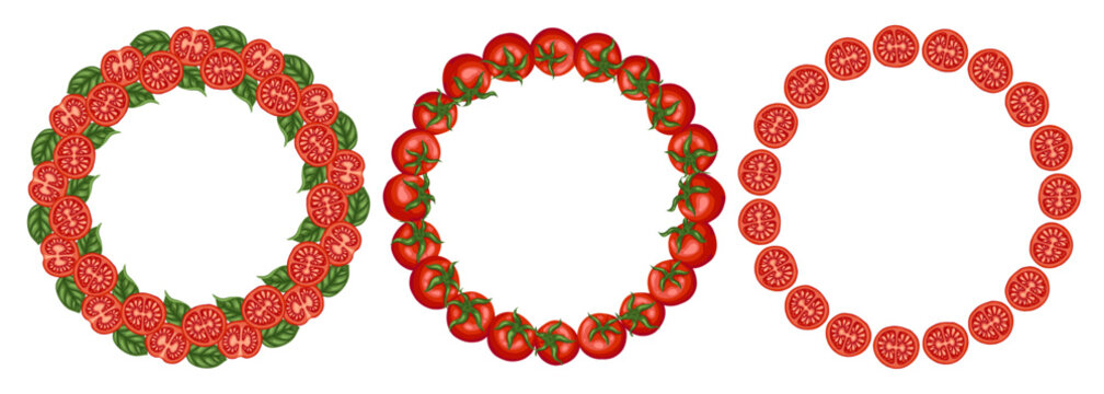 Tomato circle frame set vector food illustration. Hand drawn wreath with red cherry tomatoes and green basil leaves. Fresh organic ingredient for restaurant menu design. Perfect for product packaging.