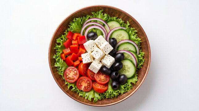 A vibrant and healthy salad with fresh vegetables and cheese in a copper bowl on a white surface