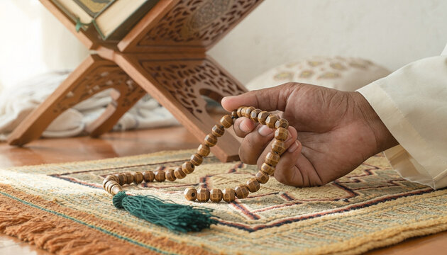 Muslim holding wooden prayer beads or tasbih while praying on mat with quran in background