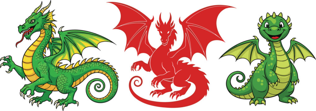 Cartoon Dragon Character Set Featuring Green, Red, and Friendly Baby Dragon for Fantasy, Games, and Illustration Designs