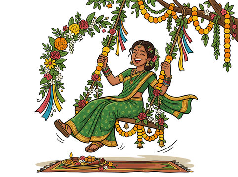 Indian woman in green sari celebrating on a flower-decorated swing