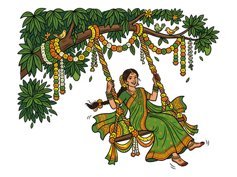 Woman in traditional attire swinging on a decorated tree branch