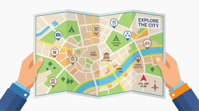 A detailed illustrated city map unfolded, showcasing hand-drawn cityscapes, perfect for travel and tourism, beckoning exploration. 