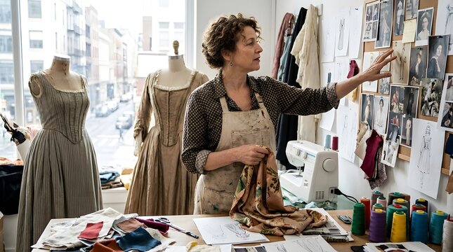 Creative Costume Designer in Studio with Sketches and Fabrics