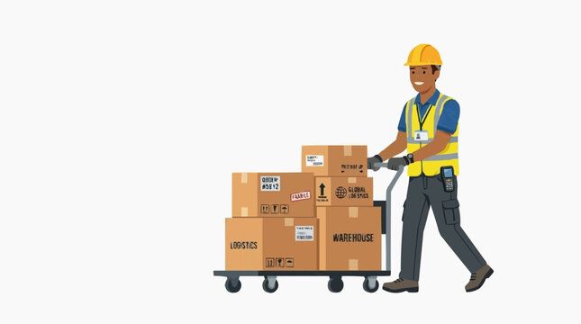 Efficient worker meticulously transports a stack of packages on a trolley, illustrating the seamless movement of goods in a logistics or supply chain context.